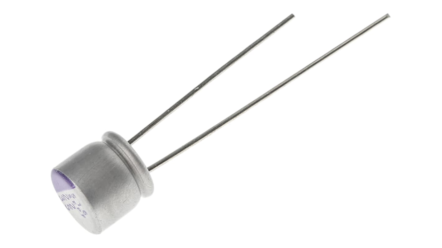 Condensador de polímero Panasonic SEPF, 22μF ±20%, 35V dc, Montaje en orificio pasante, paso 2.5mm, dim. 6.3 (Dia) x 6mm