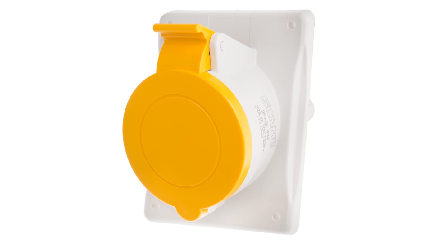 Scame IP44 Yellow Panel Mount 2P + E Heavy Duty Power Connector Socket, Rated At 32A, 110 V