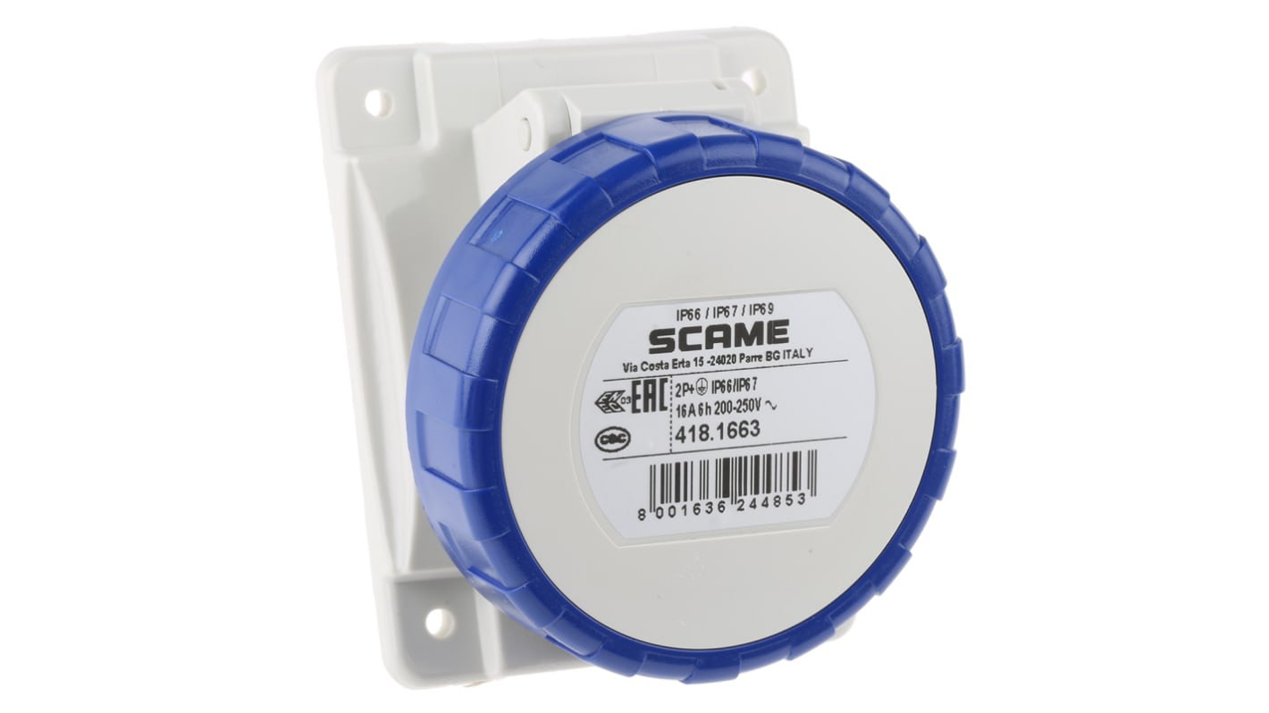 Scame IP66, IP67 Blue Panel Mount 2P + E Heavy Duty Power Connector Socket, Rated At 16A, 230 V