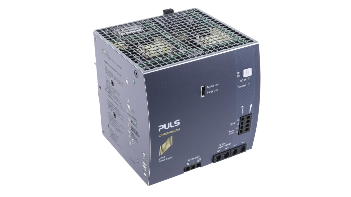 PULS DIN-sín tápellátás, BE: 100 → 240V ac, 1 kimenet, 24V dc, 40A, 960W