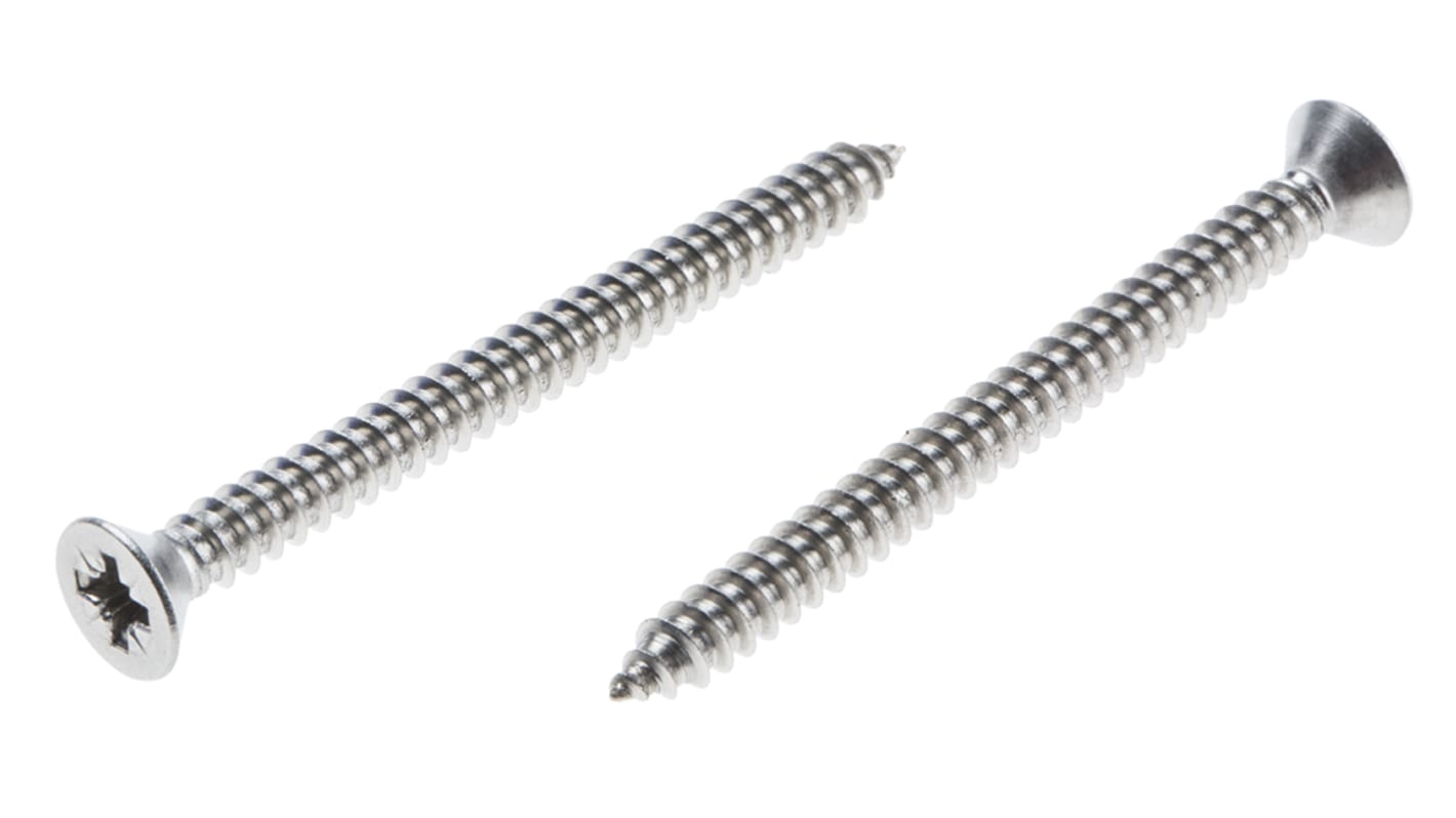 RS PRO Plain Stainless Steel Countersunk Head Self Tapping Screw, N°8 x 2in Long 50mm Long