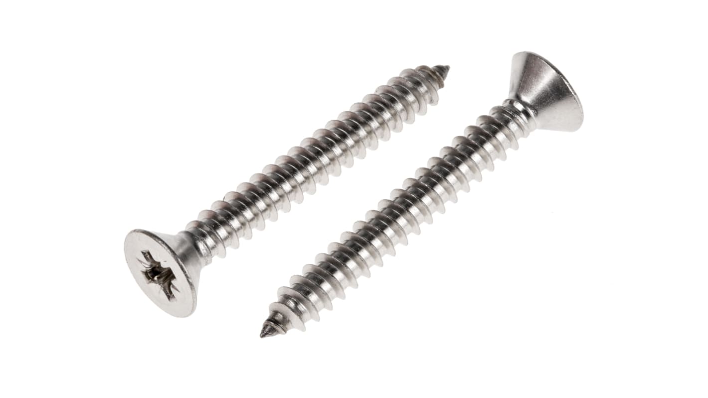 RS PRO Plain Stainless Steel Countersunk Head Self Tapping Screw, N°10 x 1.1/2in Long 38mm Long