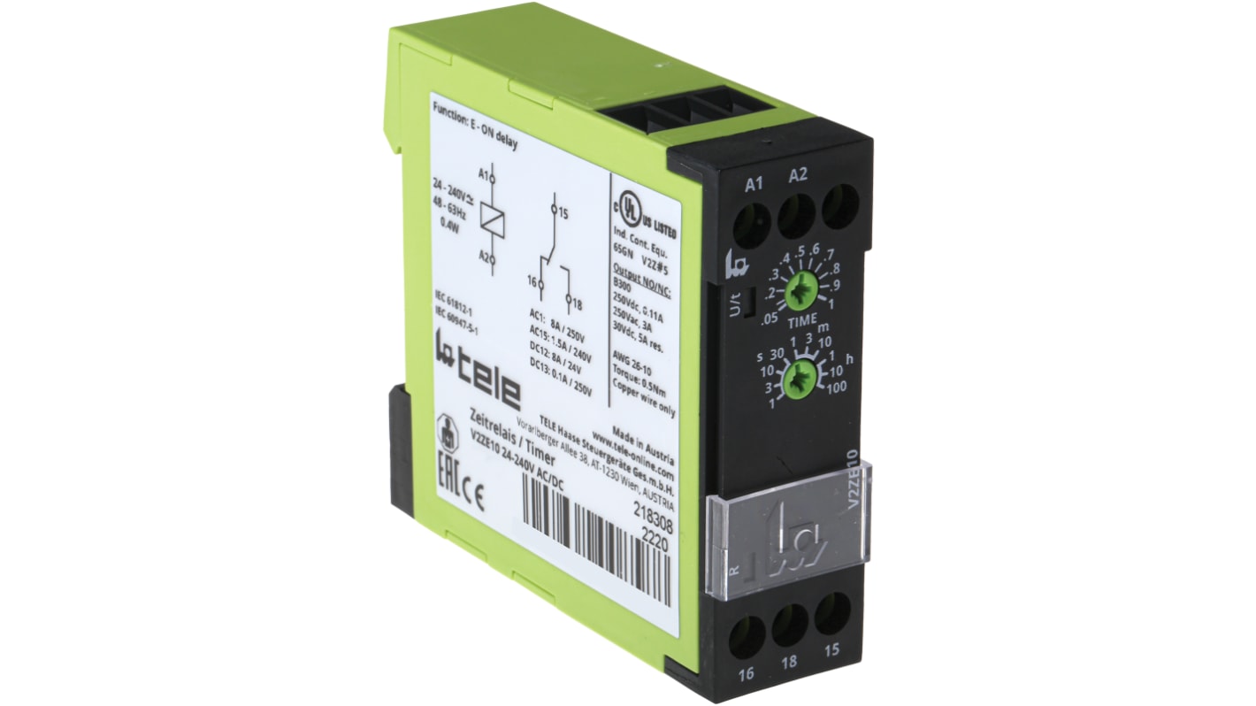 Tele V2ZE10 Series DIN Rail Mount Timer Relay, 24 → 240V ac/dc, 1-Contact, 0.05 → 1s, 1-Function, SPDT