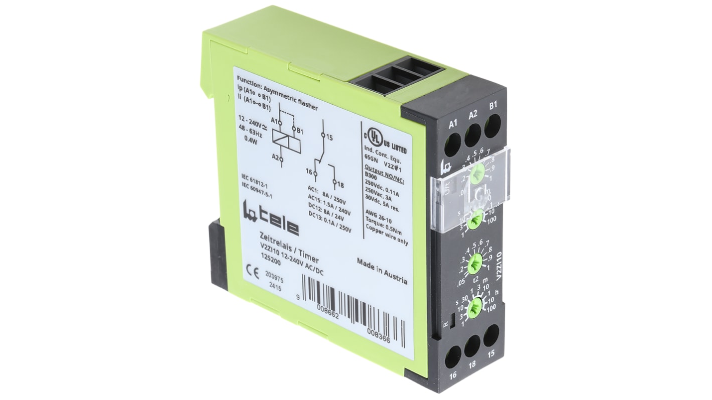 Tele V2ZI10 Series DIN Rail Mount Timer Relay, 12 → 240V ac/dc, 1-Contact, 0.05 → 1s, SPDT