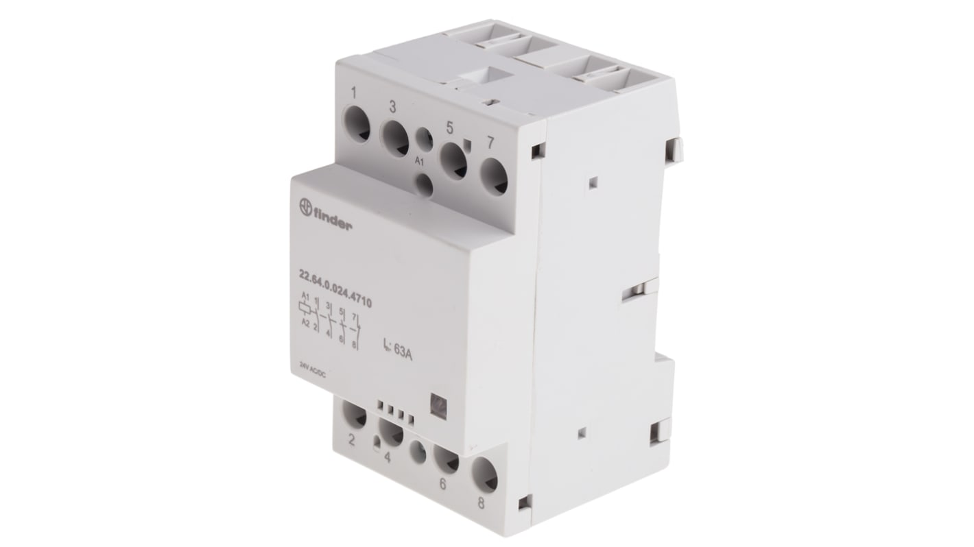 Contactor Finder 22 Series de 4 polos, 63 A, bobina 24 V DC, 24 V AC