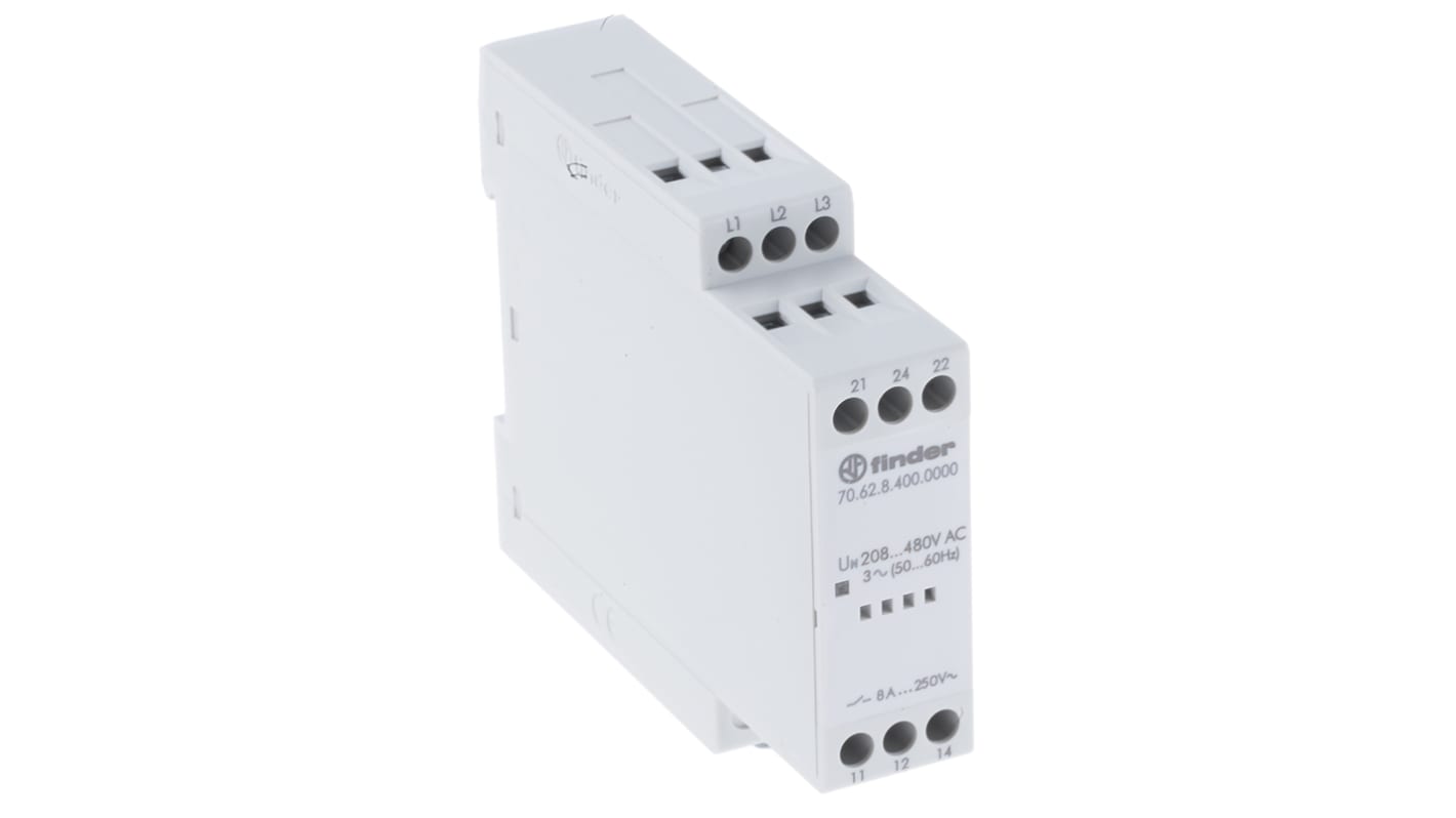 Finder Voltage Monitoring Relay, 3 Phase, DPDT, 208 → 480V ac, DIN Rail