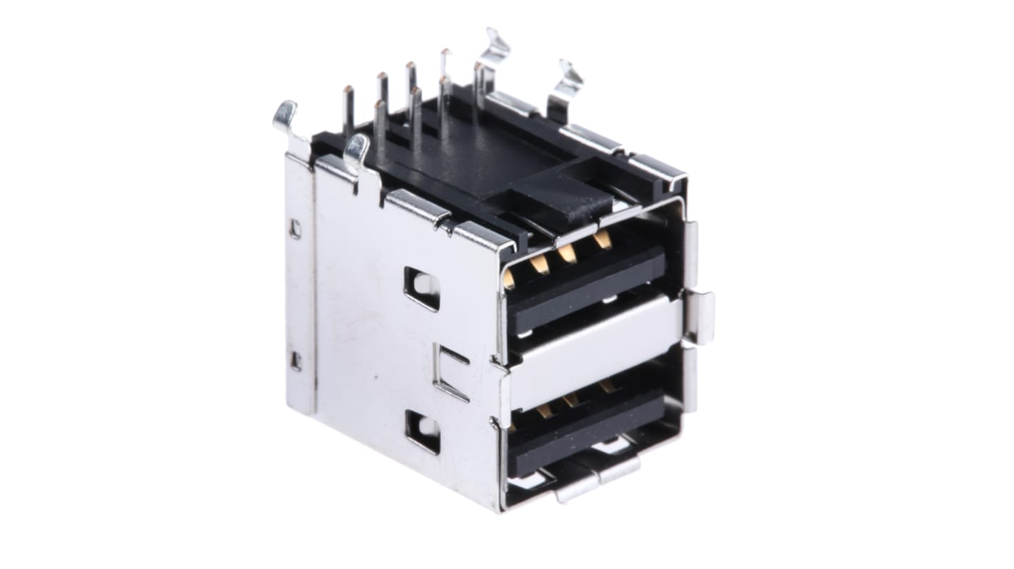 Conector USB Molex 67298-3091, Hembra, 2 puertos, Ángulo de 90° , Montaje en orificio pasante, 30,0 V., 1.5A 67298