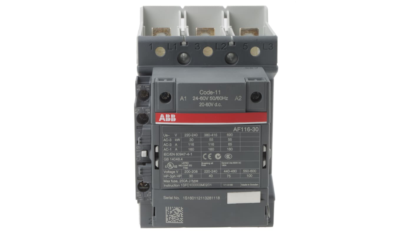 ABB AF Series Contactor, 24 V ac/dc Coil, 3-Pole, 160 A, 55 kW, 3NO, 690 V ac