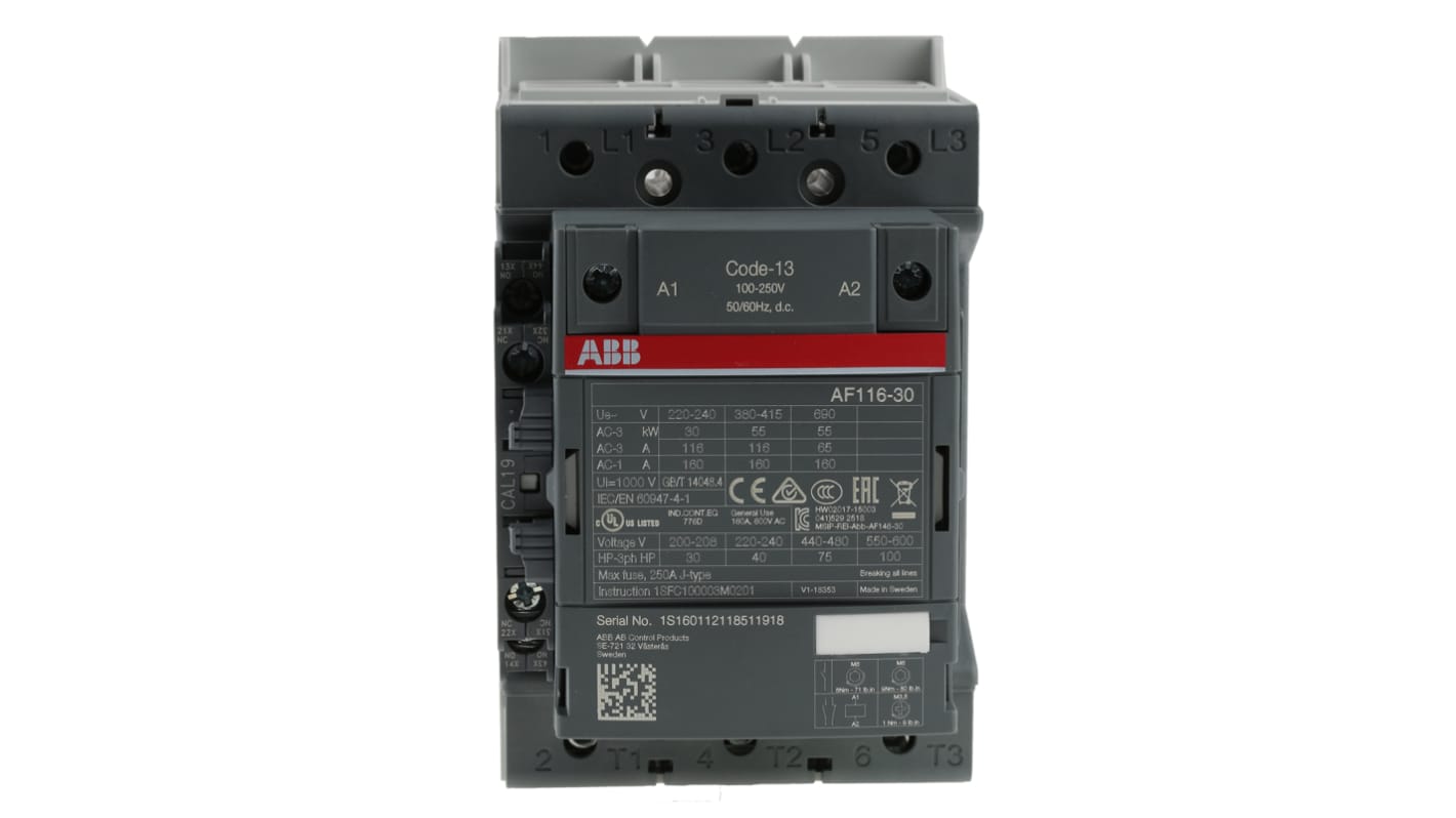 Contactor ABB AF116-30-11-13 AF de 3 polos, 3 NA, 160 A, bobina 230 V ac, 55 kW