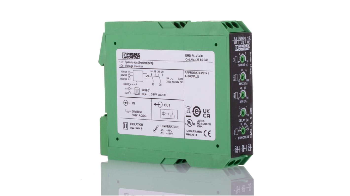 Phoenix Contact Voltage Monitoring Relay, 1 Phase, DPDT, 0 → 300V ac/dc, DIN Rail