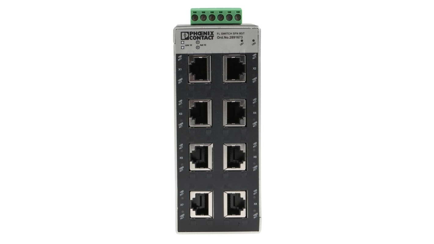 Phoenix Contact FL SWITCH SFN 8GT Series DIN Rail Mount Ethernet Switch, 8 RJ45 Ports, 1000Mbit/s Transmission, 24V dc