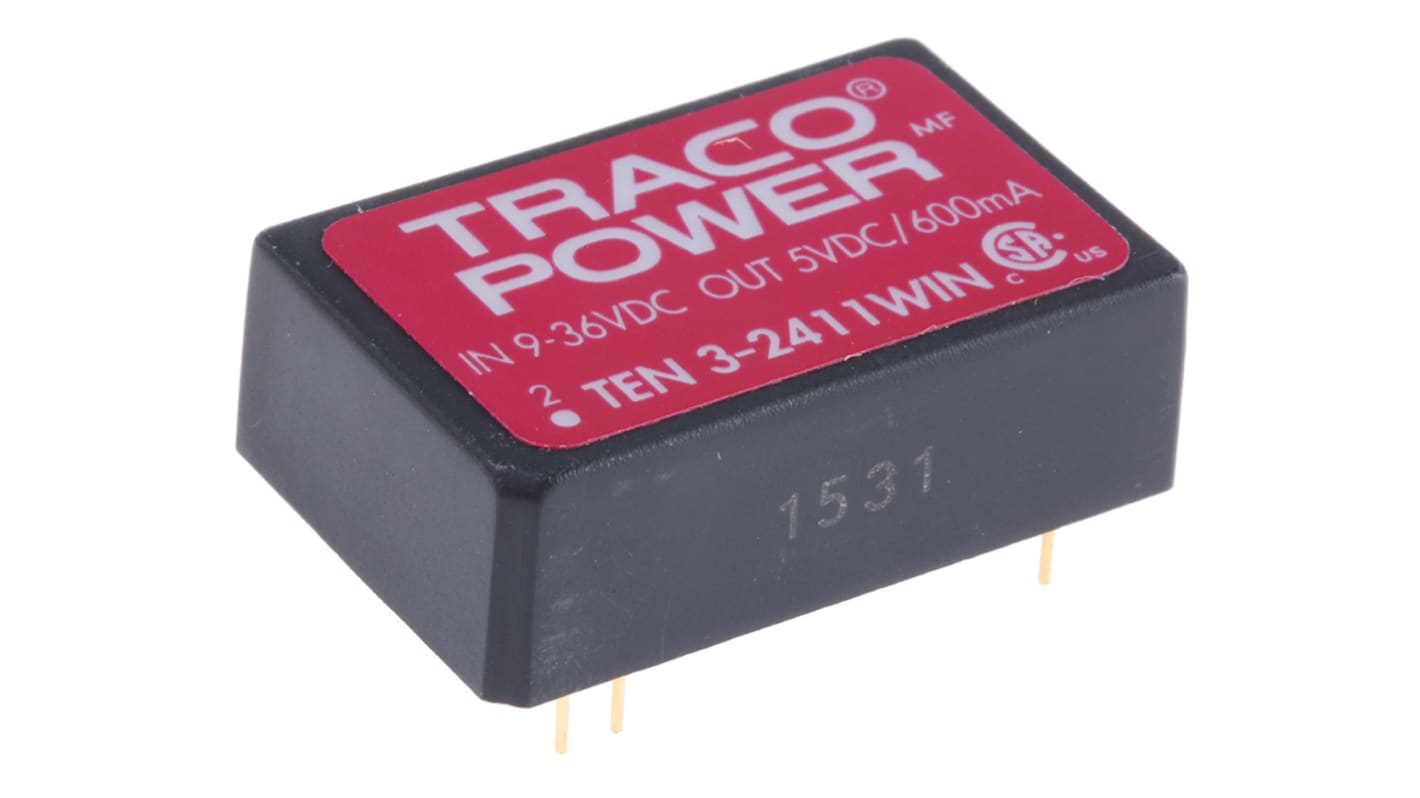 Convertisseur DC-DC TRACOPOWER, TEN 3WIN, Montage traversant, 3W, 1 sortie, 5V c.c., 600mA