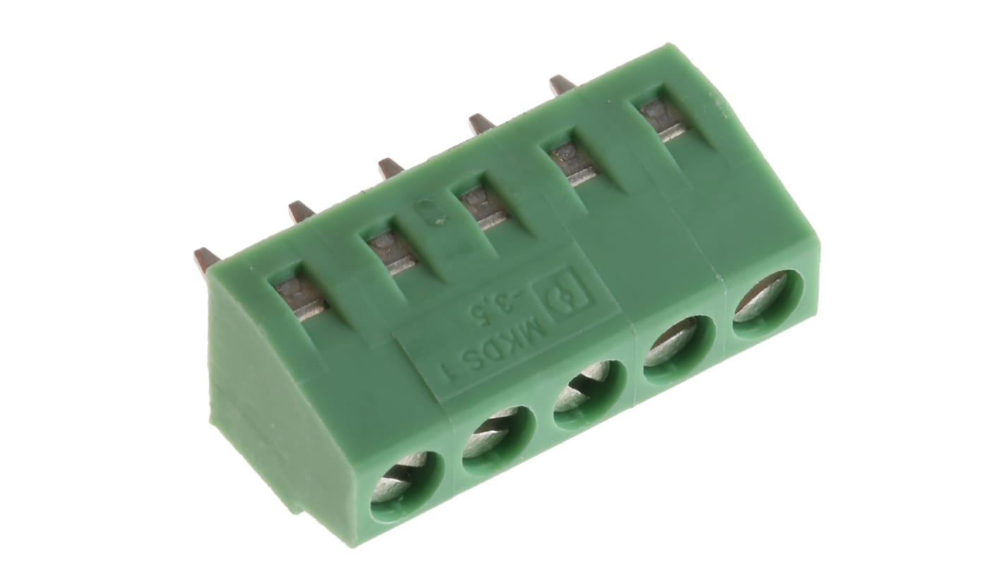 Phoenix Contact MKDS 1/5-3.5 Series PCB Terminal Block, 5-Contact, 3.5mm Pitch, Through Hole Mount, 1-Row, Screw