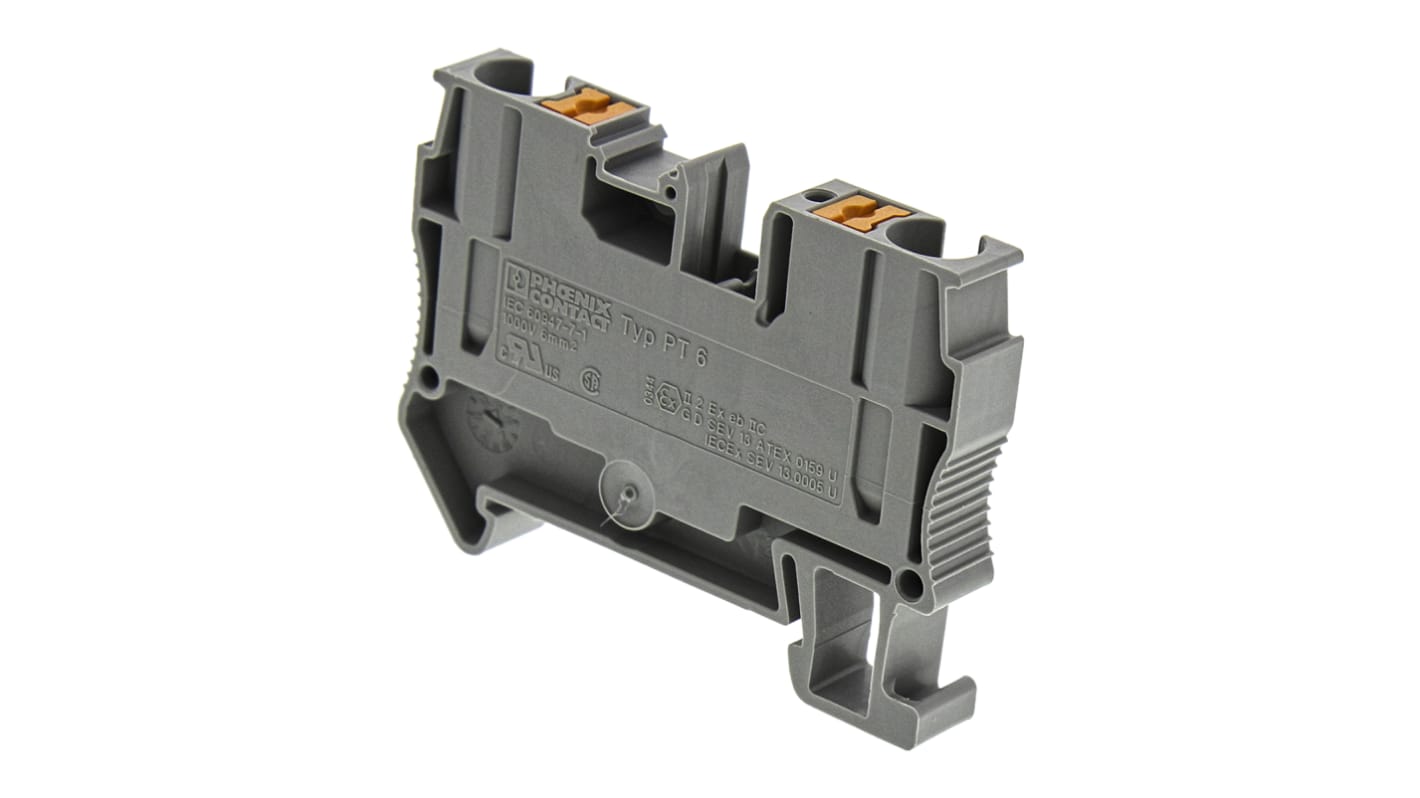 Phoenix Contact PT 6 Series Grey Feed Through Terminal Block, 10mm², Single-Level, Push In Termination