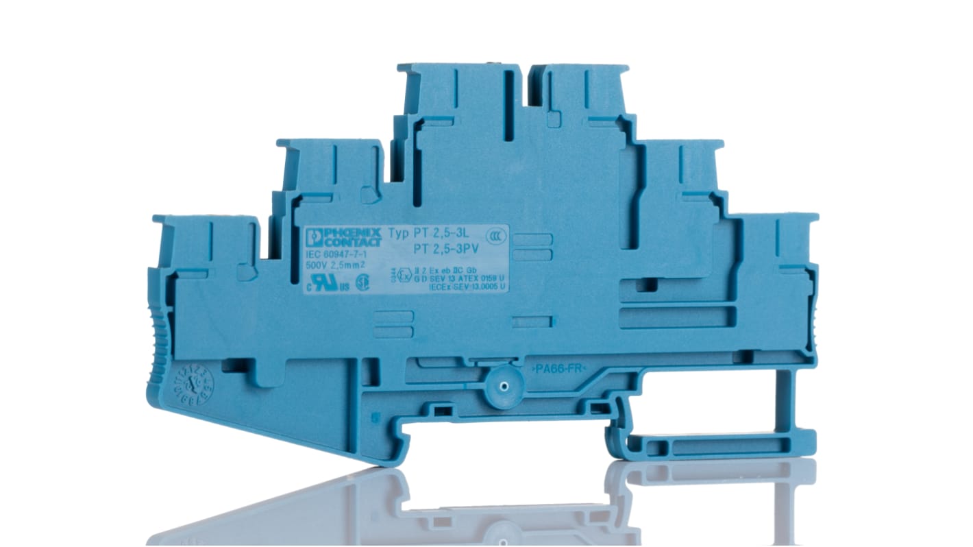 Phoenix Contact PT 2.5-3PV BU Series Blue DIN Rail Terminal Block, 2.5mm², 3-Level, ATEX, IECEx