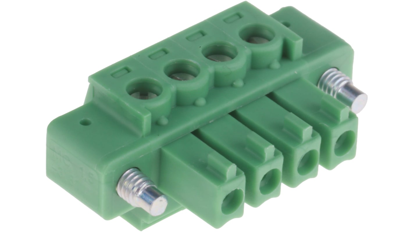 Conector de montaje en PCB Hembra Ángulo recto Phoenix Contact de 4 vías, paso 3.81mm, 8A, de color Verde, montaje de