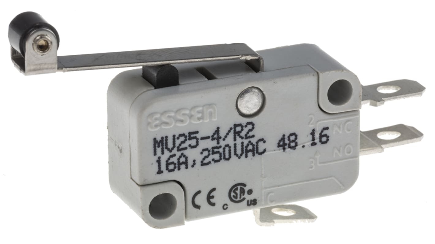 Microswitch, Lang arm med rulle aktuator, SP-DT 16 A ved 250 V ac
