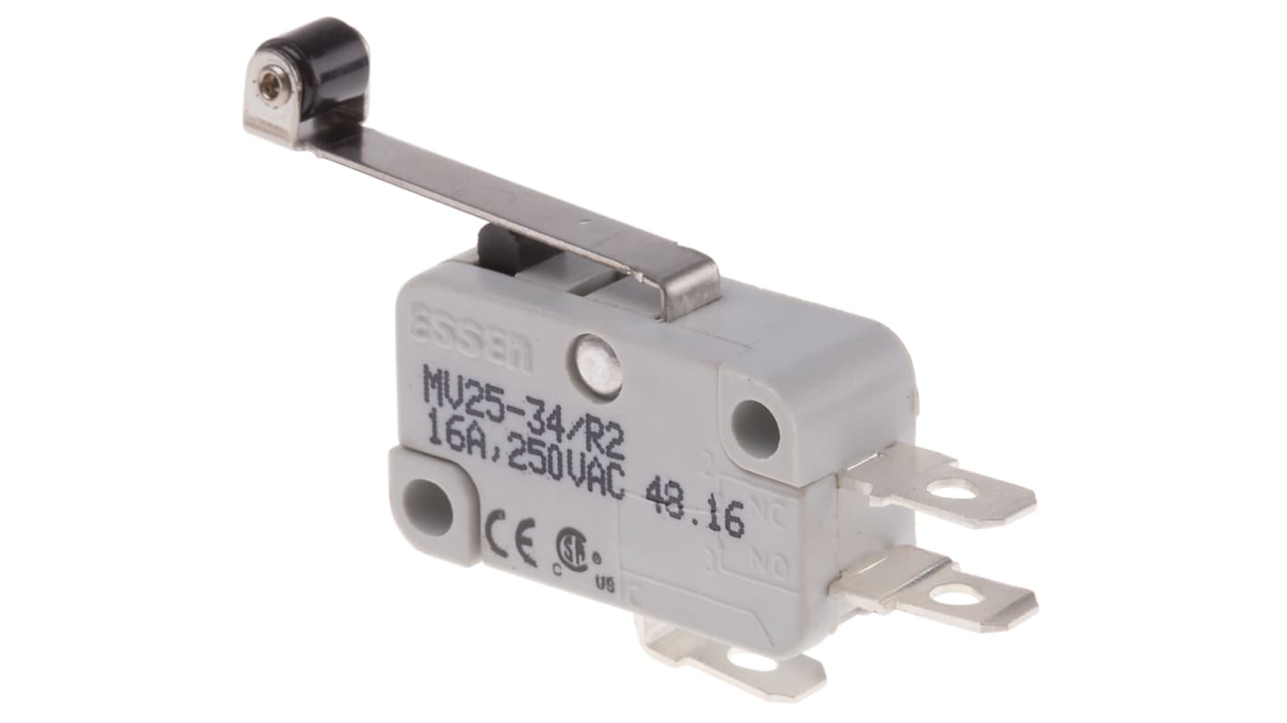 RS PRO Long Roller Lever Micro Switch, Quick Connect Terminal, 16 A @ 250 V ac, SP-CO