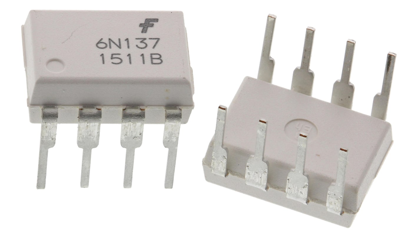 Optoacoplador onsemi 6N137 de 1 canal, Vf= 1.8V, Viso= 5 kVrms, IN. DC, OUT. Puerta Lógica, mont. pasante, encapsulado