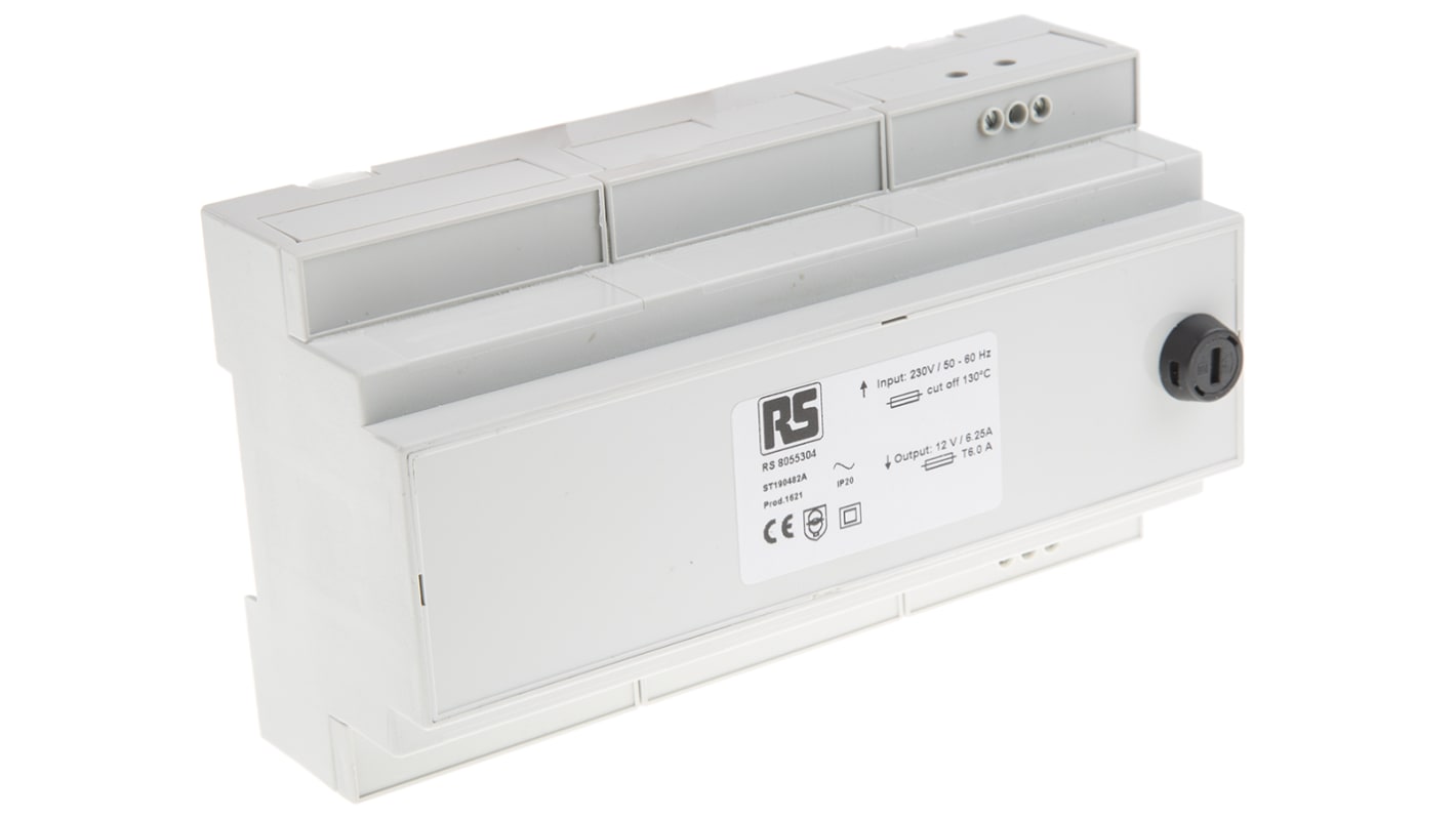 DIN-skinnetransformer, 75VA, Primær: 230V ac, Sekundær: 12V ac, 160 x 58 x 90mm