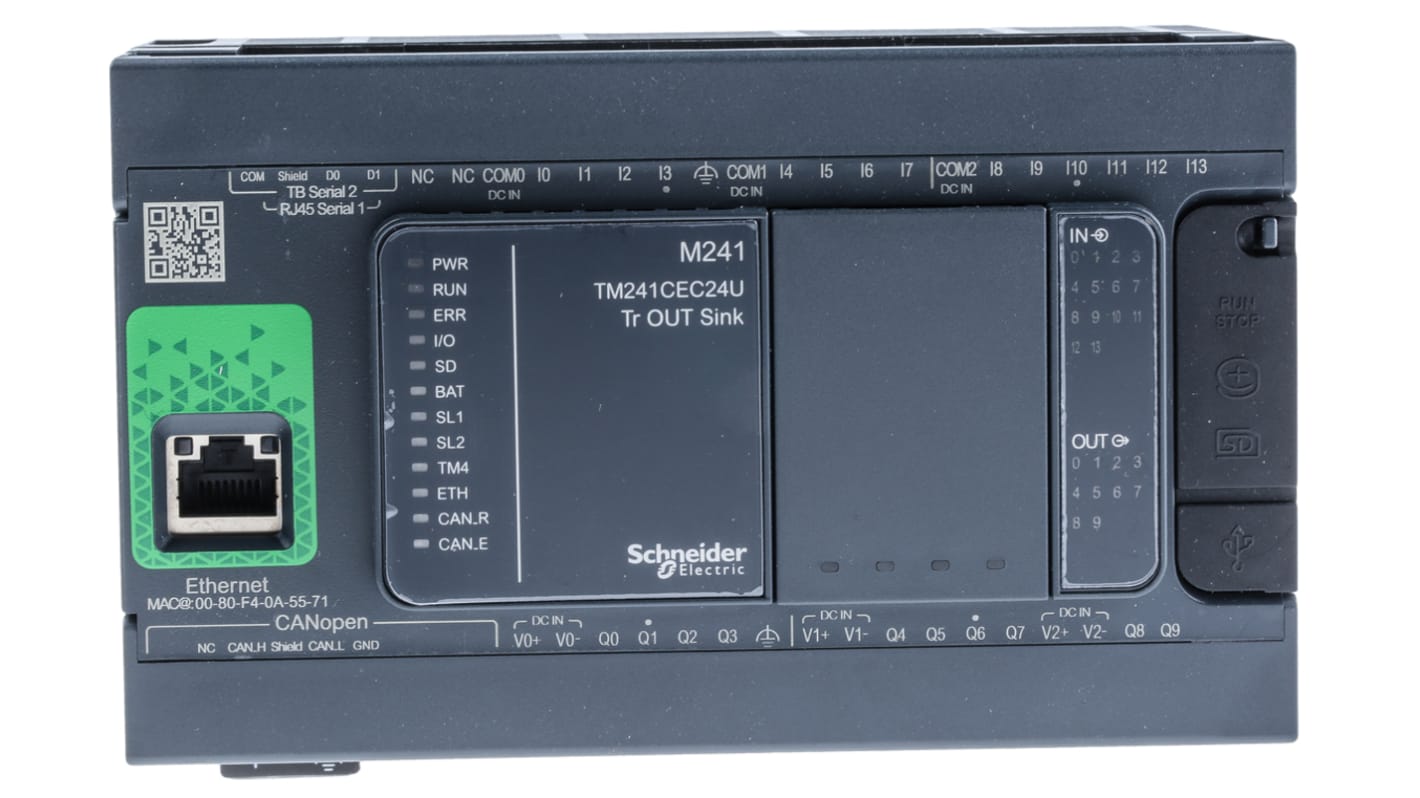 Controlador lógico Schneider Electric Modicon M241, 14 entradas, 10 salidas tipo Transistor, comunicación Ethernet,