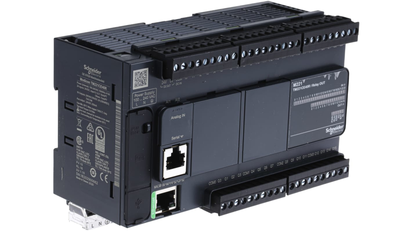 Controlador lógico Schneider Electric Modicon M221, 100 a 240 Vac, 24 entradas tipo Discrete, 16 salidas tipo Digital