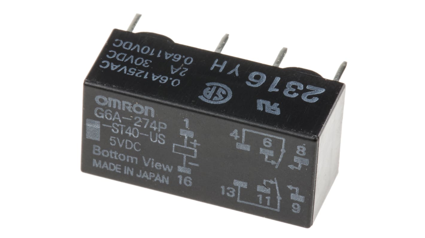 Relé de señal sin enclavamiento Omron G6A, DPDT, 5V dc, 1 A dc, 2 A ac, montaje en PCB, para Equipos de medición,