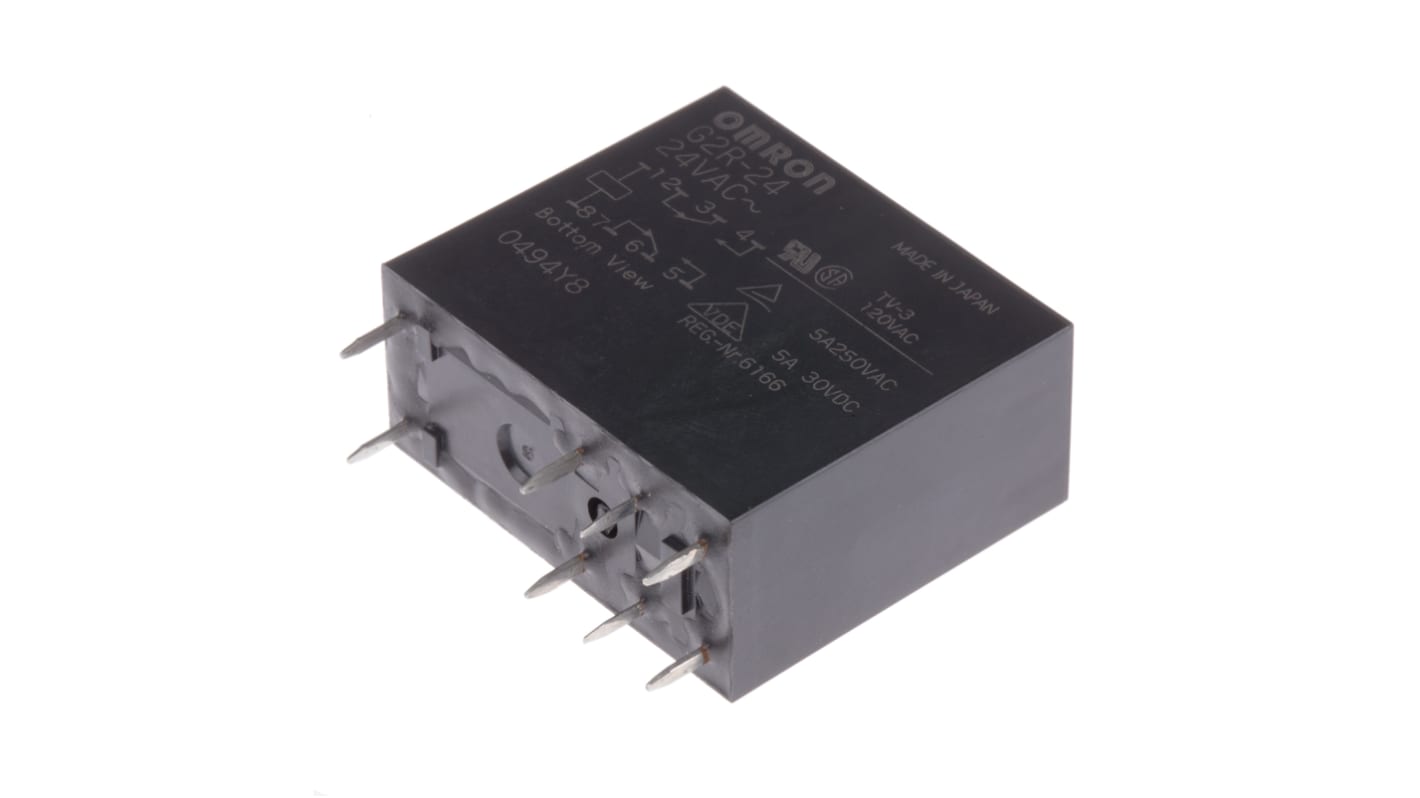 Omron PCB Mount Power Relay, 24V ac Coil, 5A Switching Current, DPDT