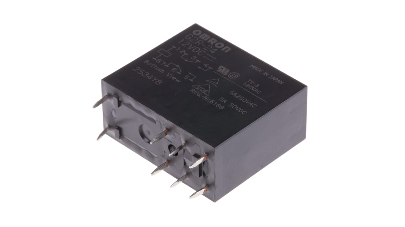 Omron PCB Mount Power Relay, 12V dc Coil, 5A Switching Current, DPDT