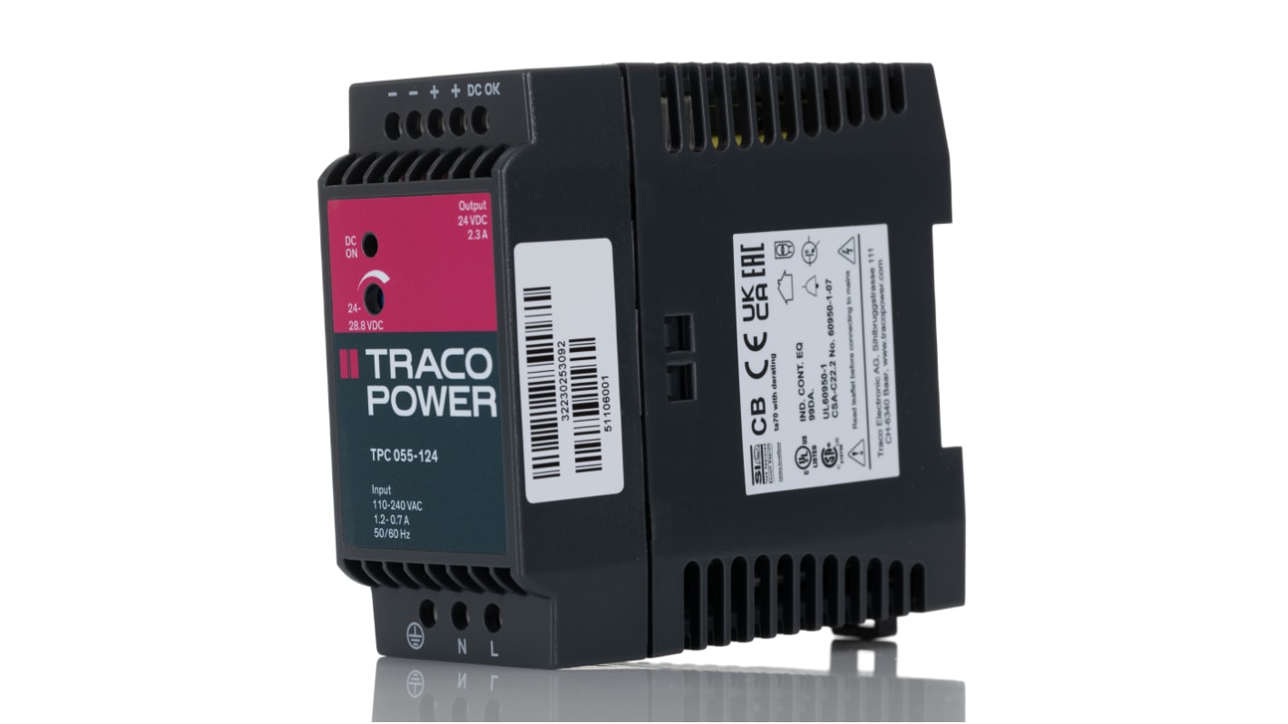 TRACOPOWER TPC DIN Rail Power Supply, 85 → 264 V ac / 90 → 375V dc ac, dc Input, 24V dc dc Output, 2.3A