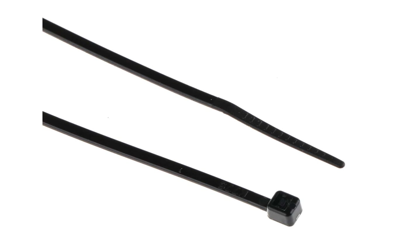 RS PRO Cable Tie, Heat Stabilised, 142mm x 2.5mm, Black Nylon, Pk-100