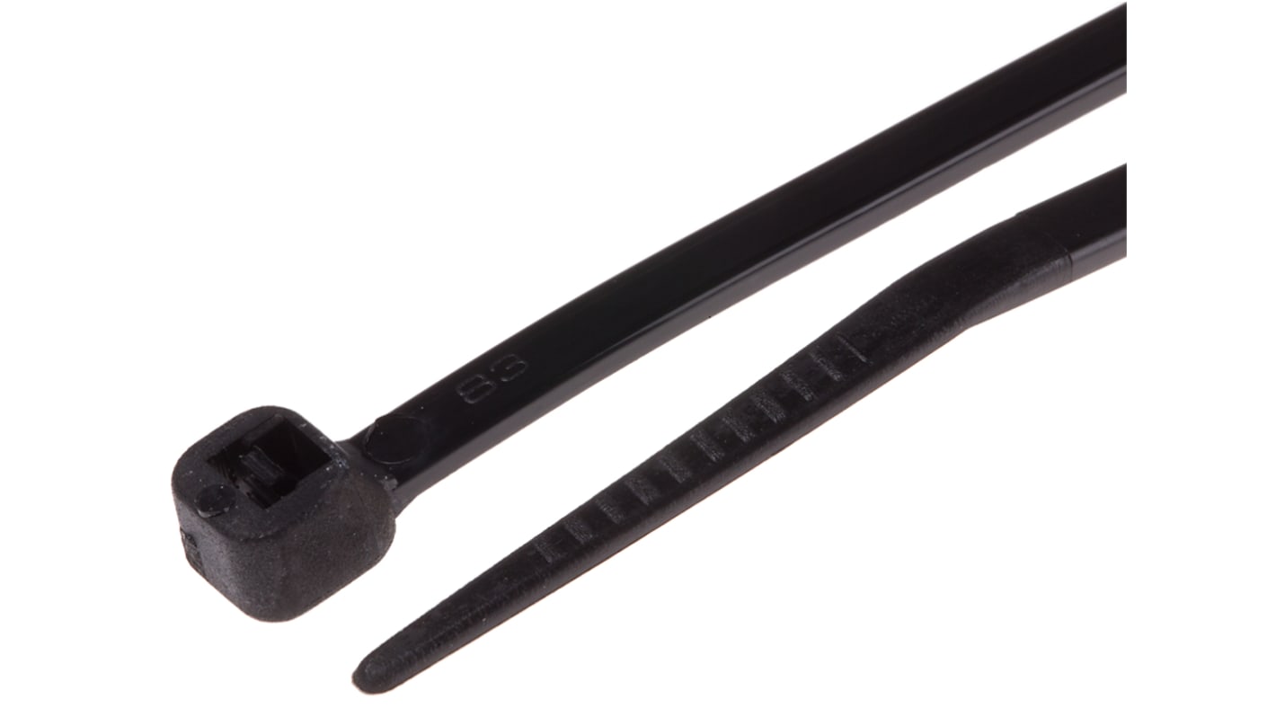 RS PRO Cable Tie, Heat Stabilised, 265mm x 3.6 mm, Black Nylon, Pk-100