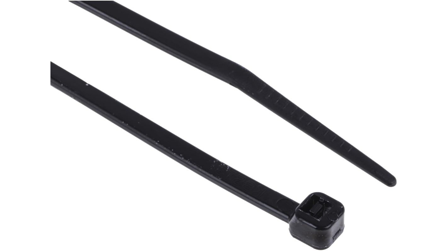 RS PRO Cable Tie, Heat Stabilised, 203mm x 3.6mm, Black Nylon, Pk-100