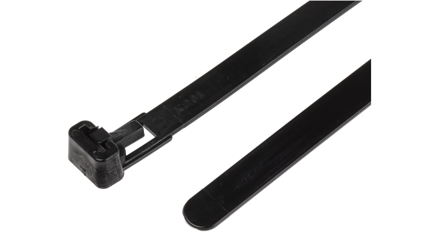 RS PRO Cable Tie, Releasable, 250mm x 7.6 mm, Black Nylon, Pk-100