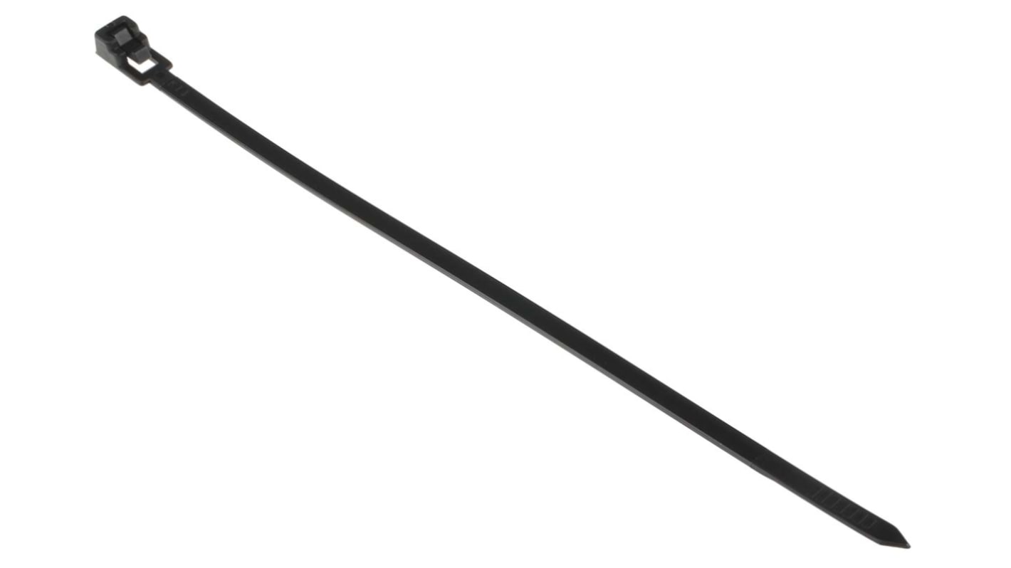 RS PRO Cable Tie, Releasable, 200mm x 4.5 mm, Black Nylon, Pk100 RS