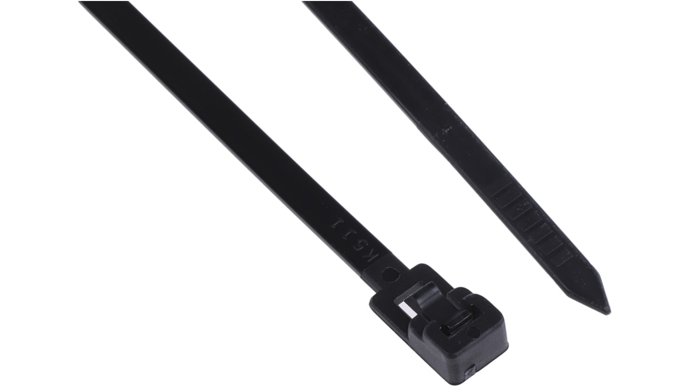 RS PRO Cable Tie, Releasable, 300mm x 4.5mm, Black Nylon, Pk-100