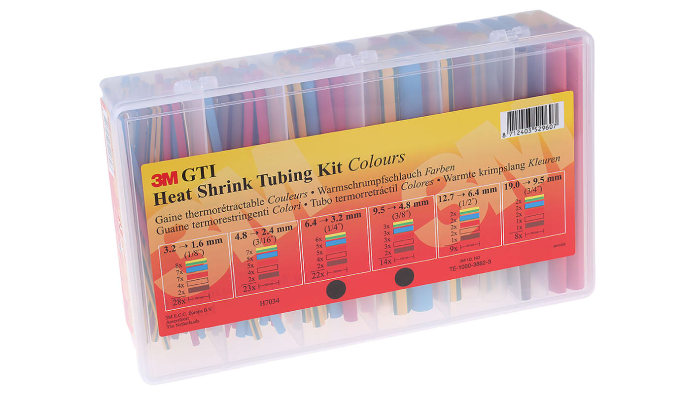 3M Halogen Free Heat Shrink Tubing, Black, Blue, Brown, Clear, Green, Grey, Red, White, Yellow x 150mm Length 2:1