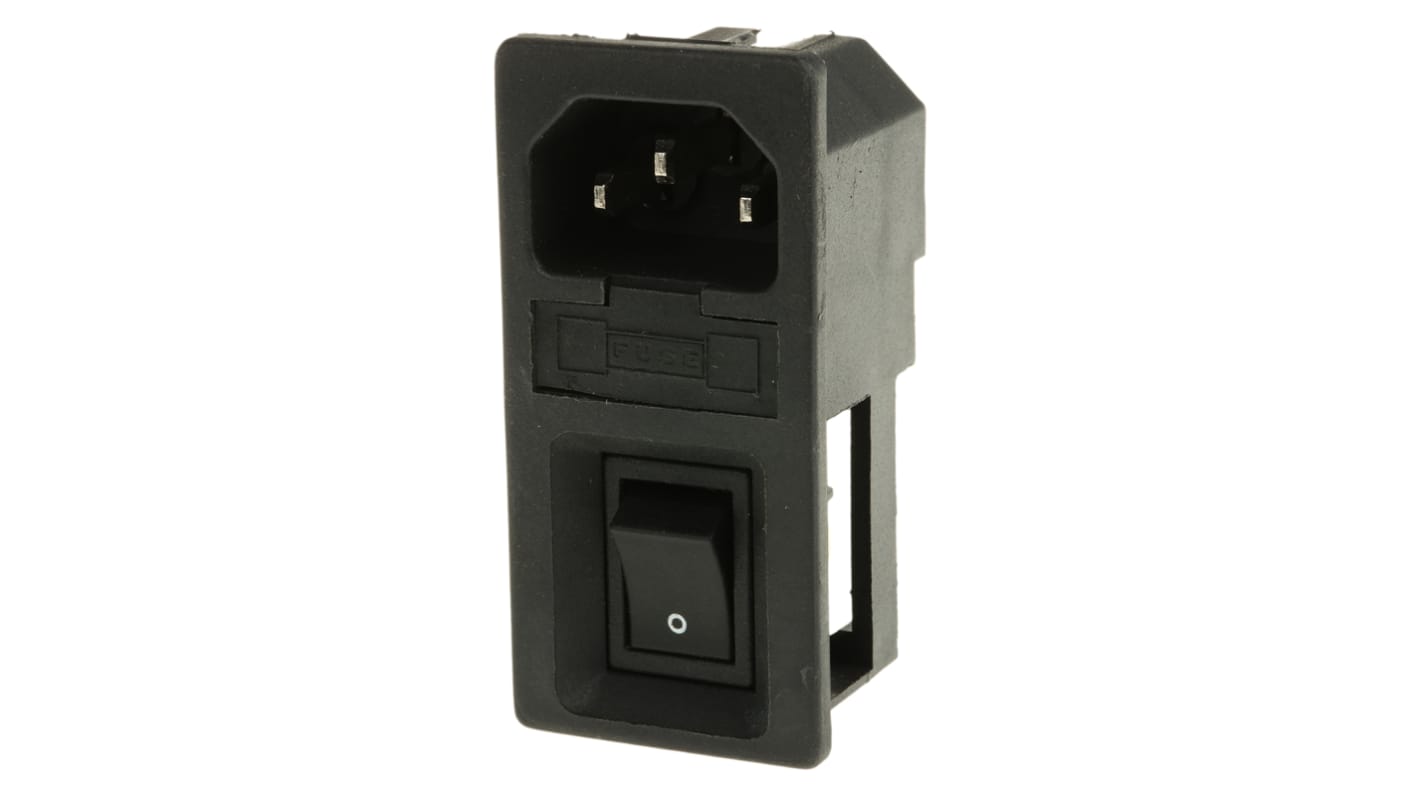 RS PRO C14 Snap-In IEC Connector Male, 6A, 250 V, Fuse Size 5 x 20mm