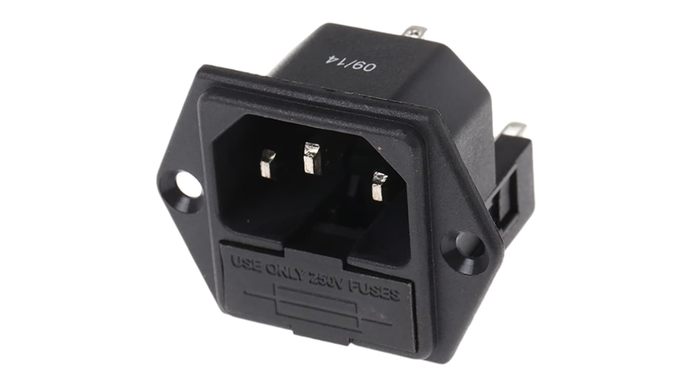 Conector IEC C14 macho RS PRO, Recto, Montaje en Panel, 250 V, 10A, con 2 fusibles de 5 x 20mm, con interruptor