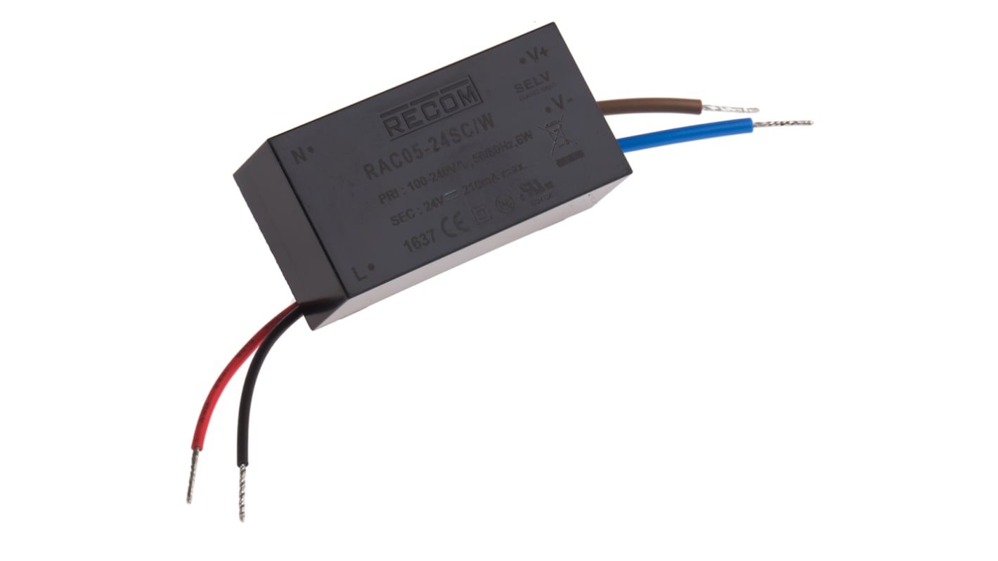 Recom Switching Power Supply, RAC05-24SC/W, 24V dc, 210mA, 5W, 1 Output, 80 → 264V ac Input Voltage