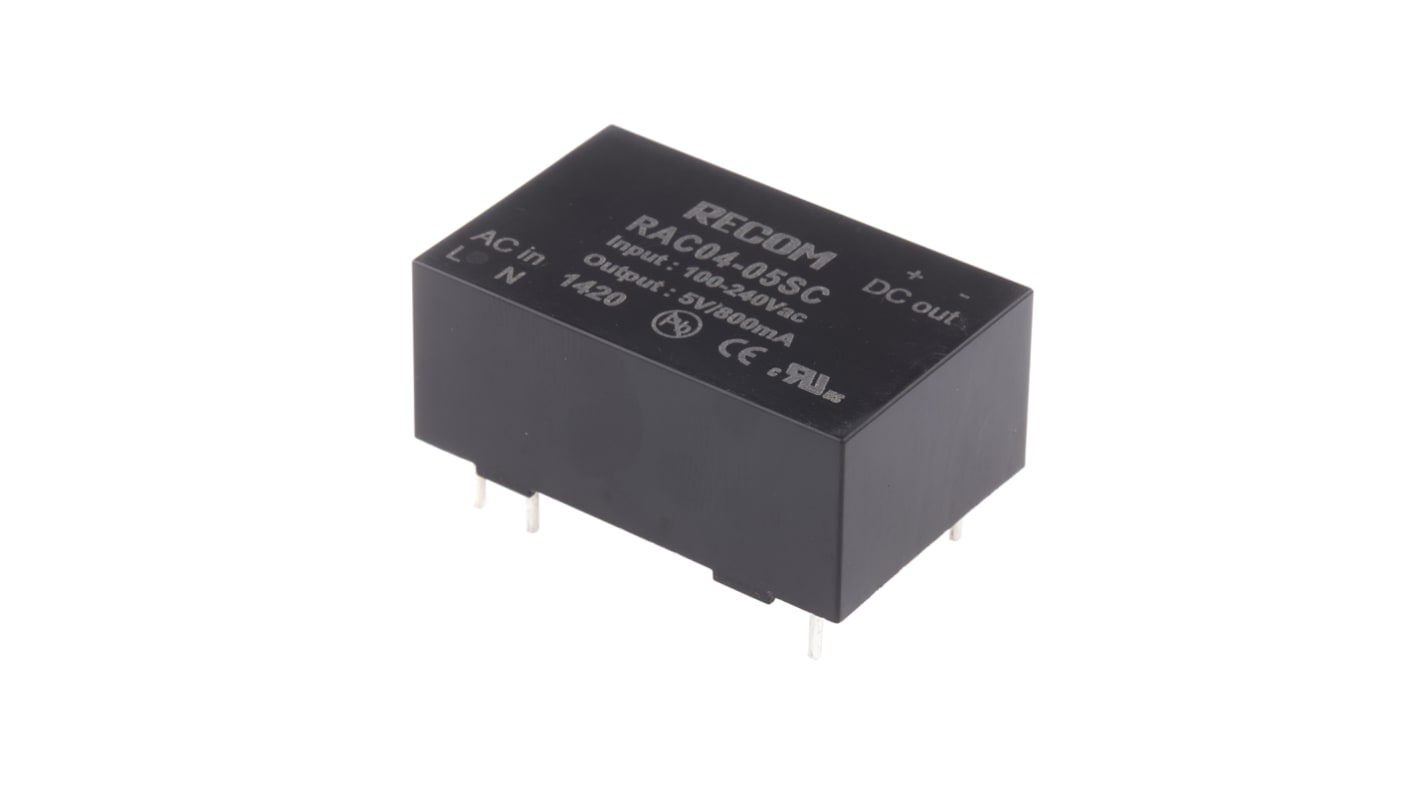 Recom Switching Power Supply, RAC04-05SC, 5V dc, 800mA, 4W, 1 Output, 80 → 305V ac Input Voltage