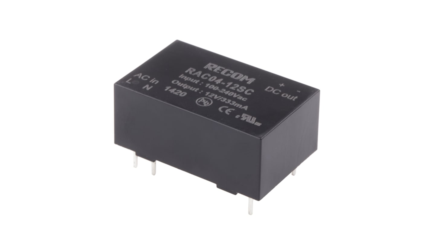 Recom Embedded Switch Mode Power Supply SMPS, RAC04-12SC, 12V dc, 333mA, 4W, 1 Output, 80 → 305V ac Input Voltage