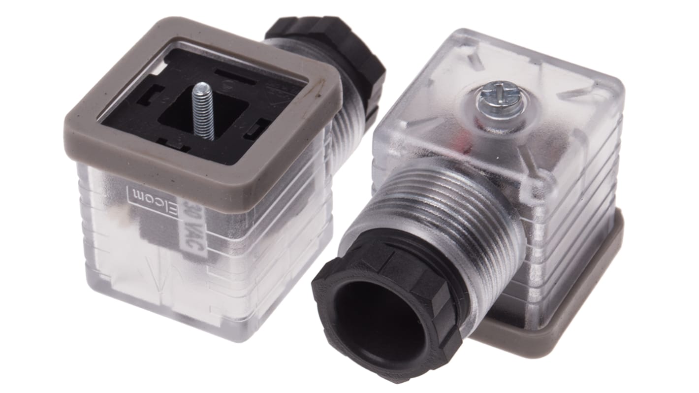 RS PRO 2P+E DIN 43650 A, Female Solenoid Valve Connector with Indicator Light, 250 V ac Voltage