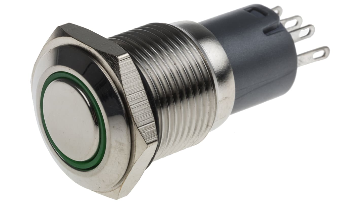 RS PRO Illuminated Push Button Switch, Latching, Panel Mount, 16mm Cutout, SPDT, Green LED, 250V
