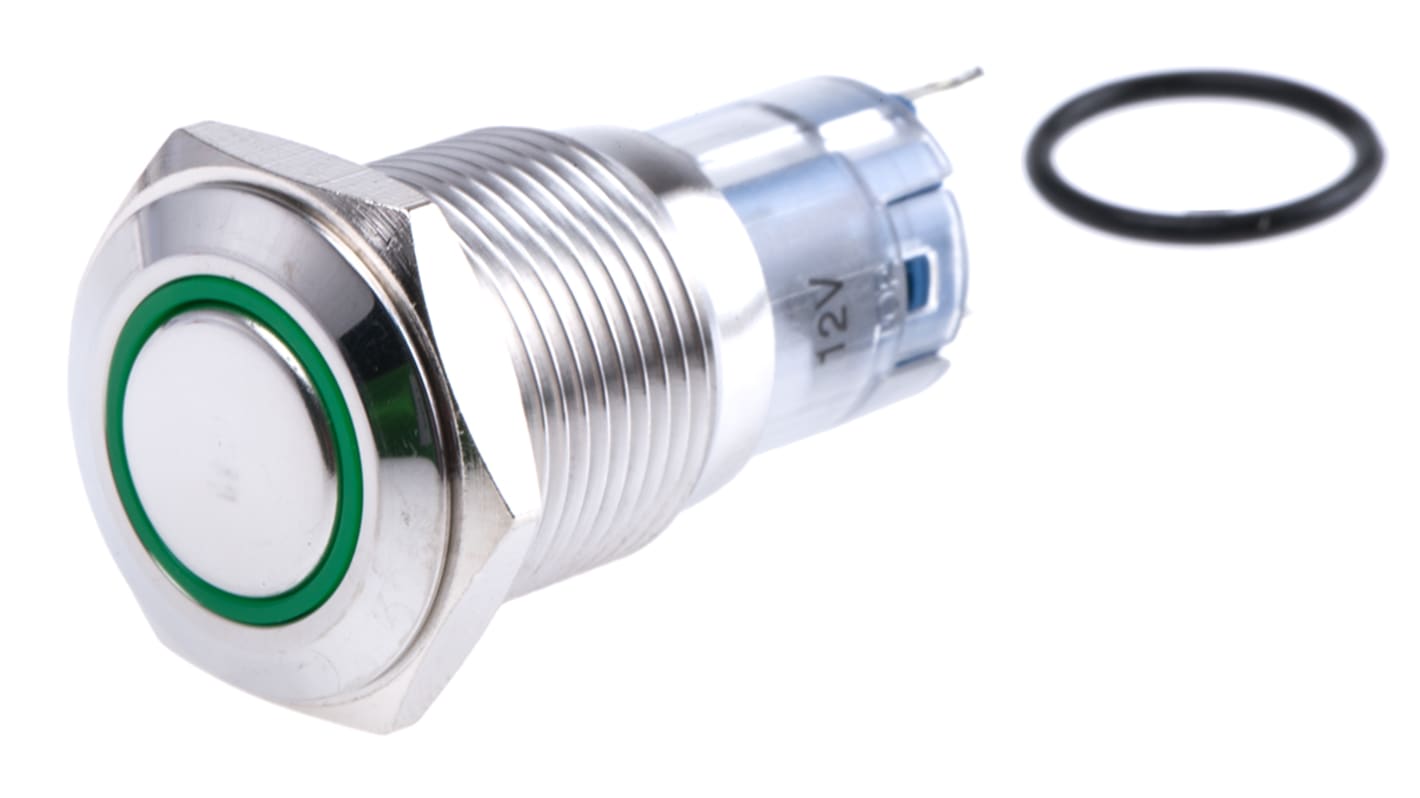 RS PRO Illuminated Push Button Switch, Momentary, Panel Mount, 16mm Cutout, SPDT, Green LED, 250V ac, IP65, IP67