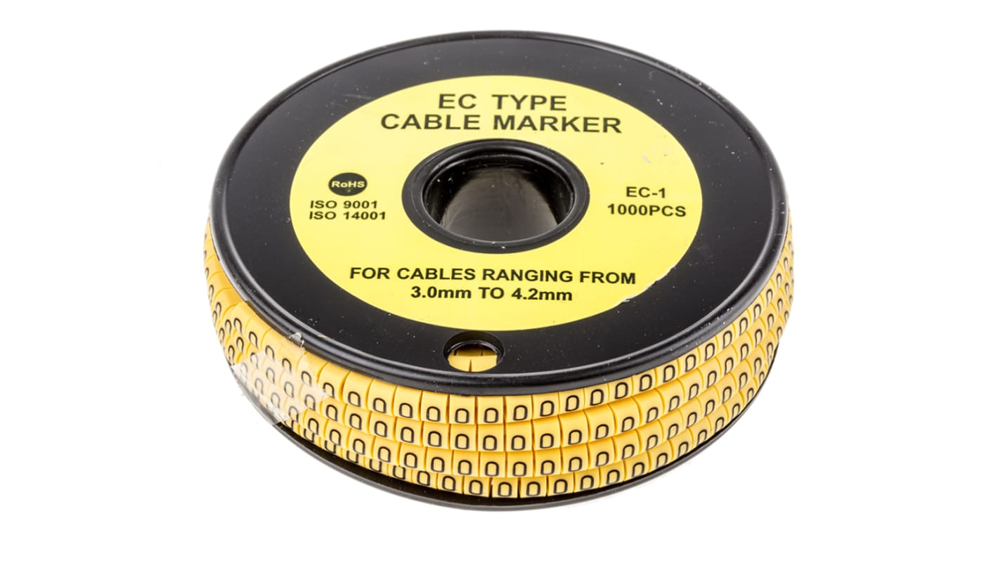 RS PRO Slide On Cable Markers, Black on Yellow, Pre-printed "0", 3 → 4.2mm Cable