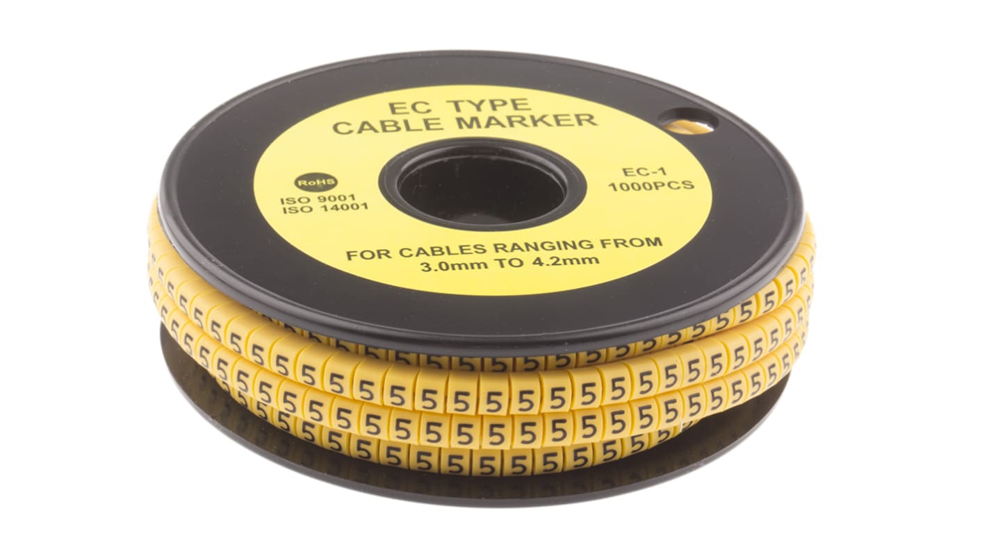 RS PRO Slide On Cable Markers, Black on Yellow, Pre-printed "5", 3 → 4.2mm Cable