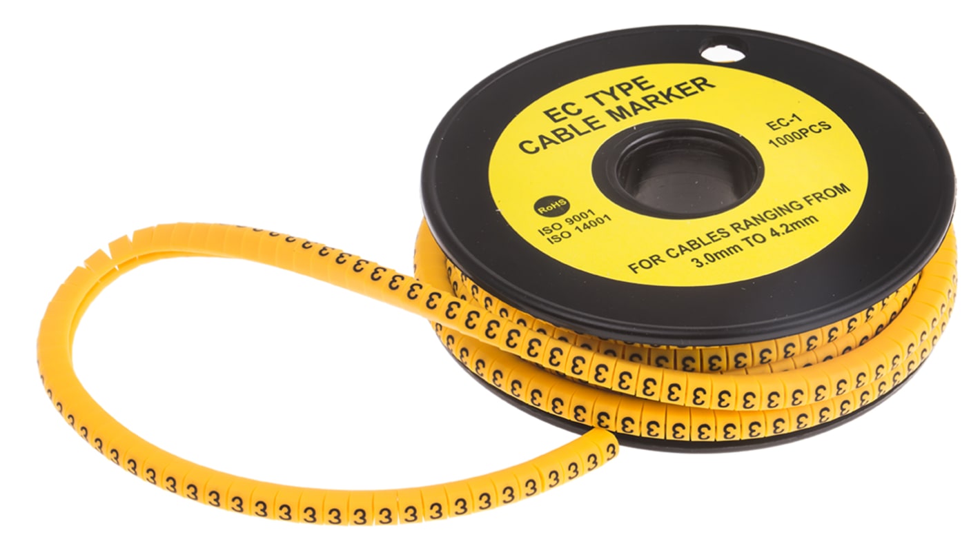 RS PRO Kábeljelölők, rögzítés módja:Felcsúsztatás, mennyiség: 1000, hossz: 4mm Nem, Fekete sárga háttéren 3