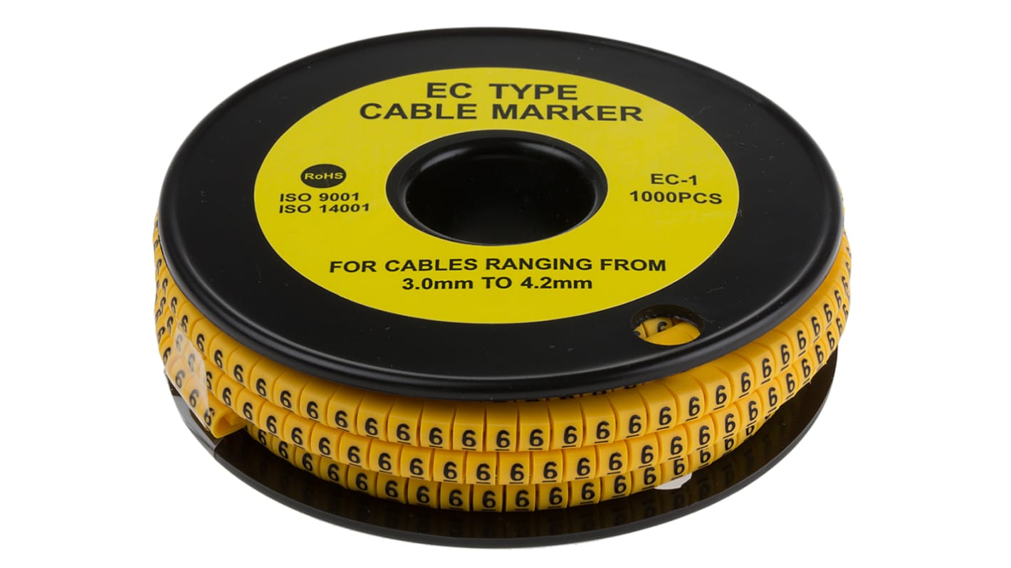 RS PRO Kabel-Markierer, aufsteckbar, Beschriftung: 6, Schwarz auf Gelb, Ø 3mm - 4.2mm, 4mm, 1000 Stück