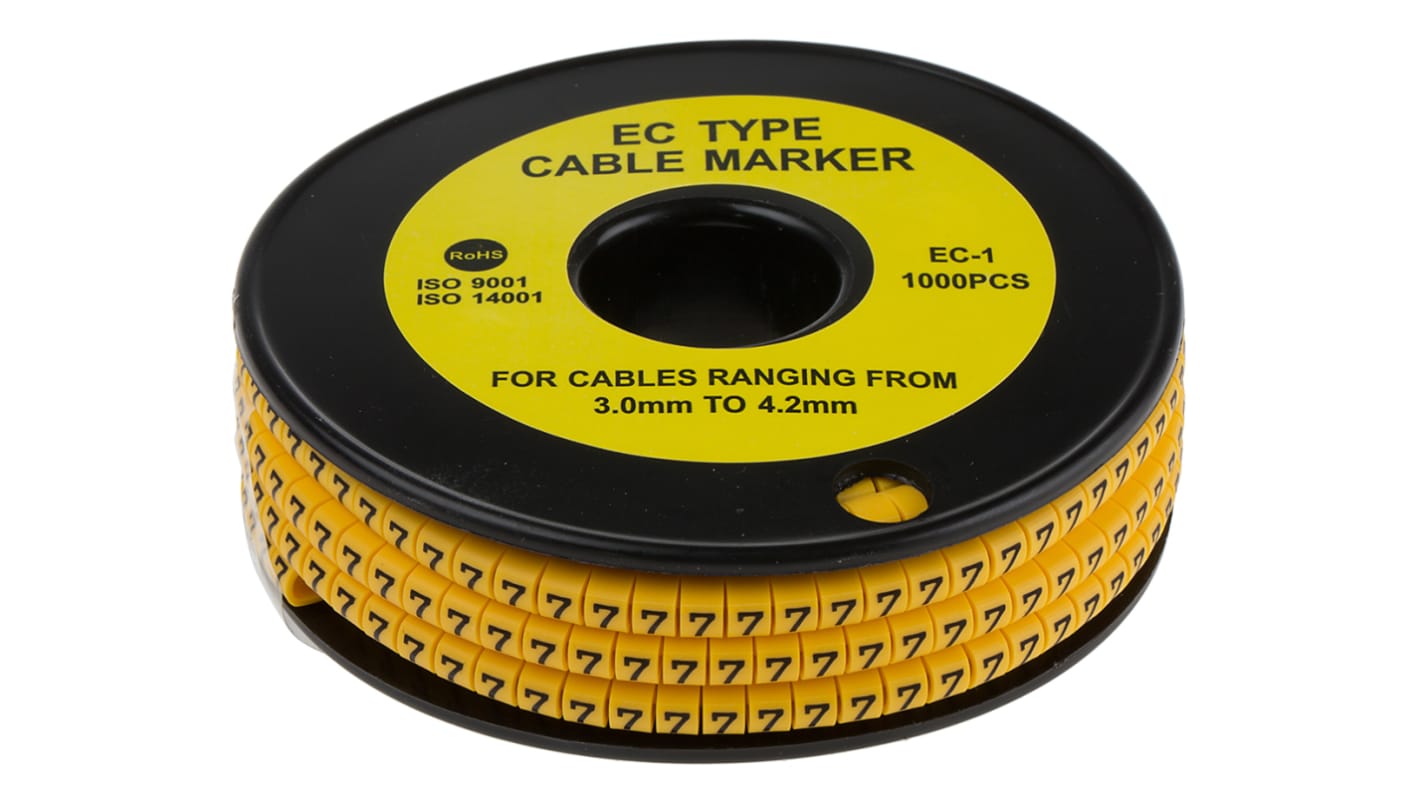 RS PRO Slide On Cable Markers, Black on Yellow, Pre-printed "7", 3 → 4.2mm Cable